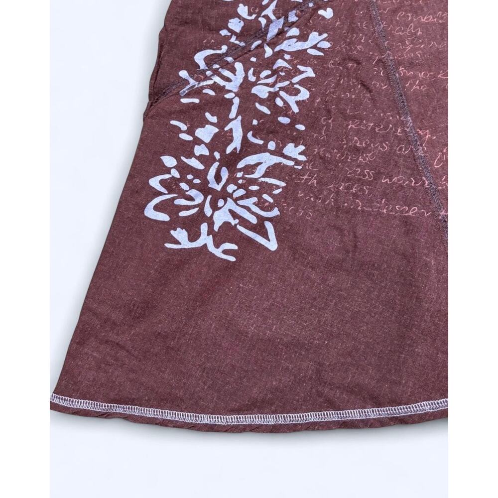 Vtg Y2K Brown Asymmetric Light Blue Contrast Stitch Text Print Linen Midi Skirt - Picture 3 of 5